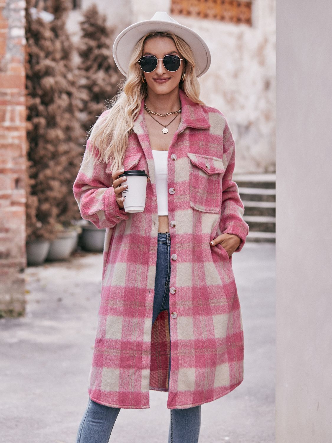 Mandy Plaid Dropped Shoulder Slit Coat