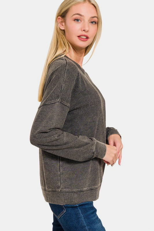 Zenana Washed Round Neck Dropped Shoulder Sweatshirt Black / S