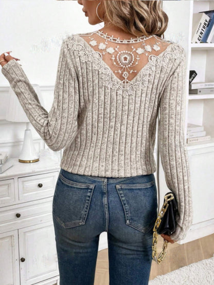 Lace Detail V-Neck Long Sleeve T-Shirt