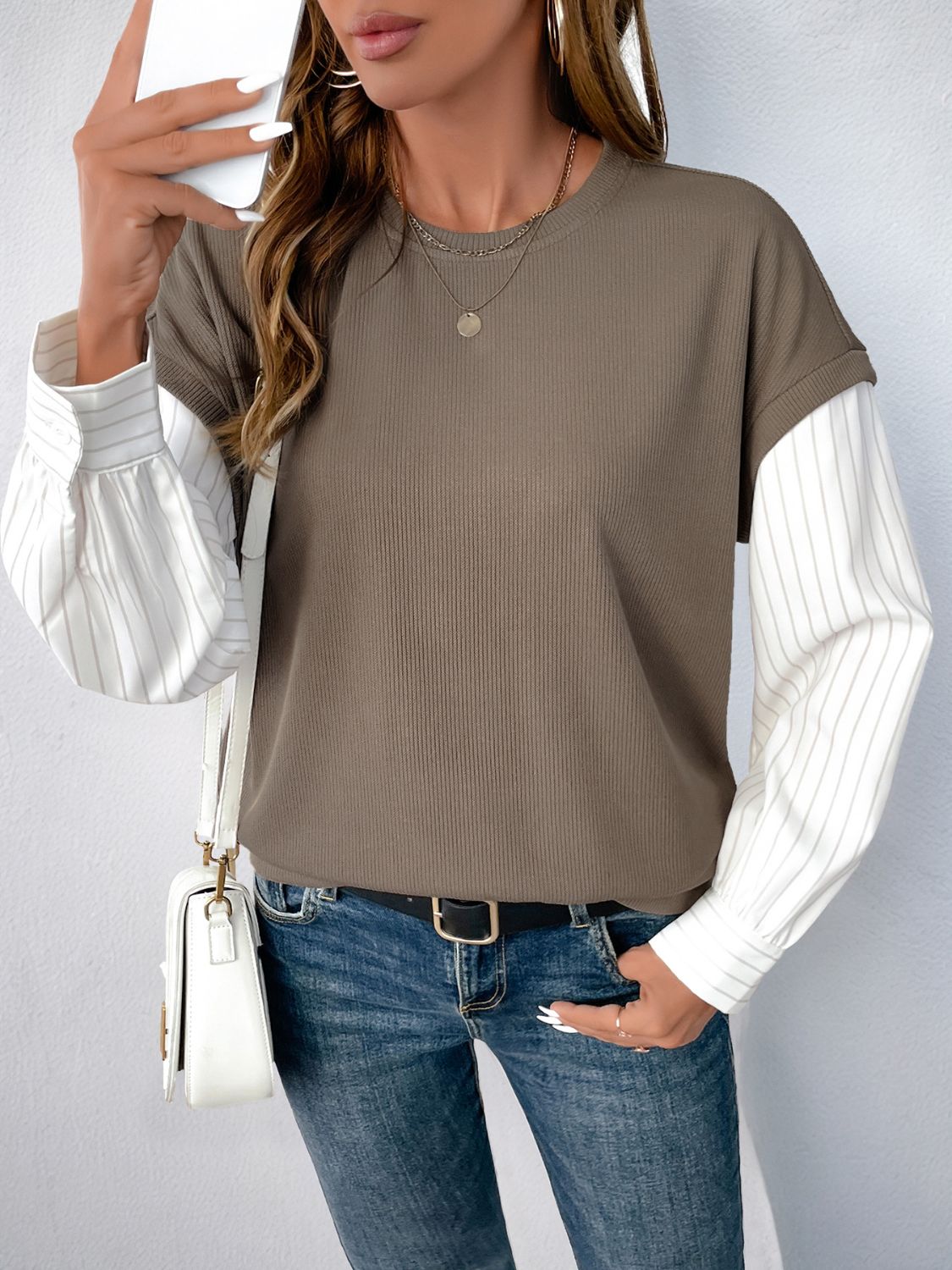 Perfee Round Neck Striped Sleeve Sweatshirt