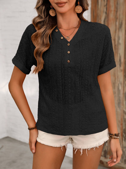 Ivy Lane Eyelet V-Neck Short Sleeve Top