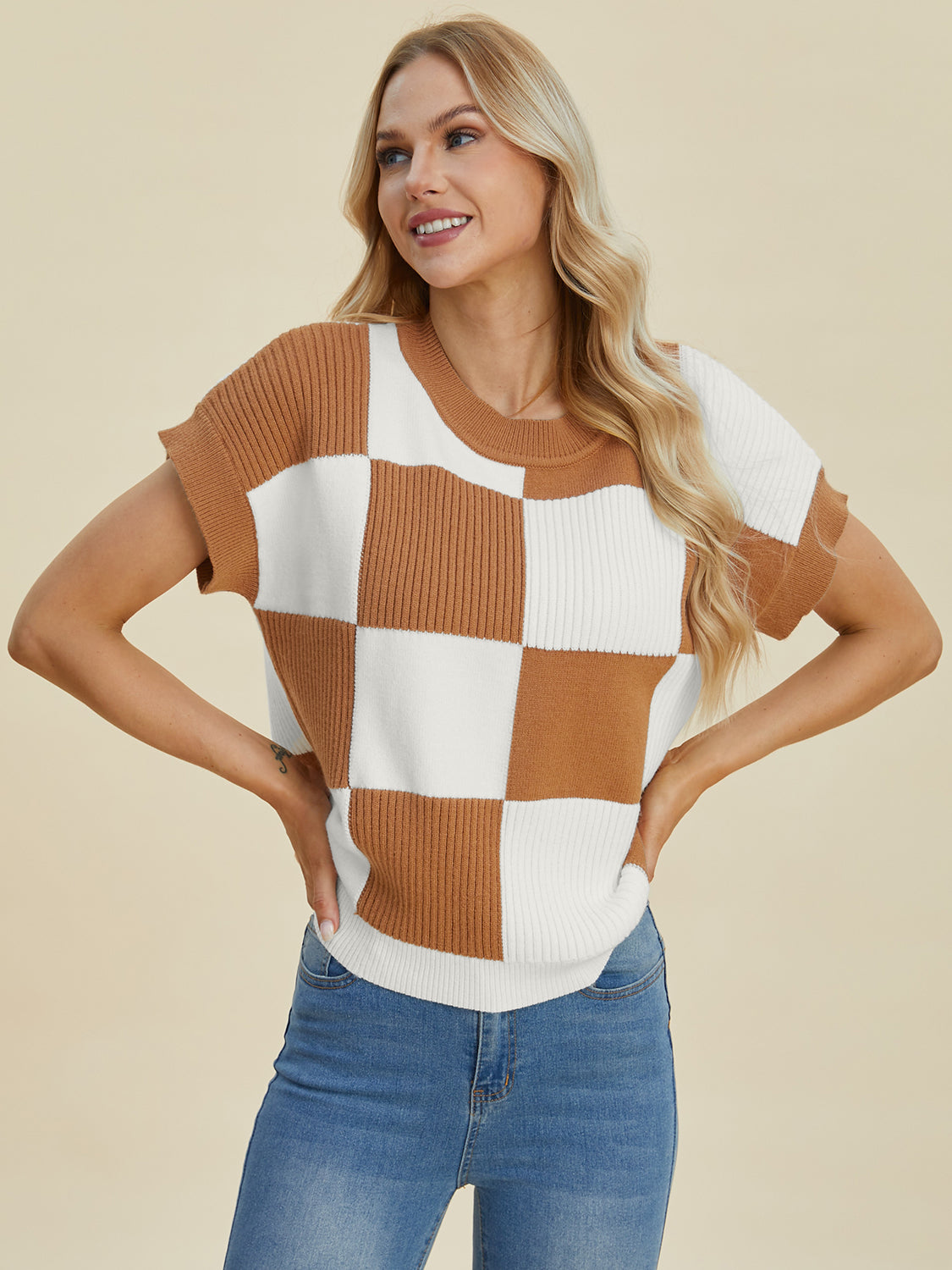 Full Size Chickened Round Neck Short Sleeve Sweater