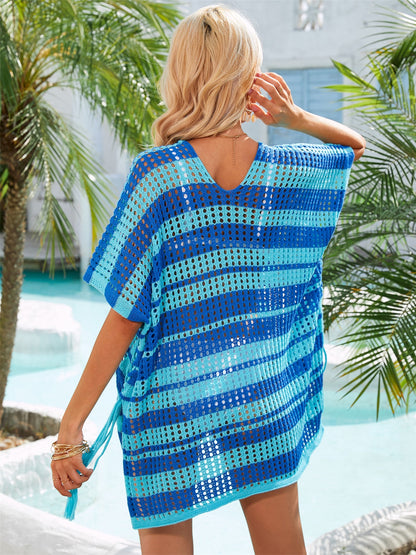 Angel Wings Tassel Openwork Striped V-Neck Cover Up