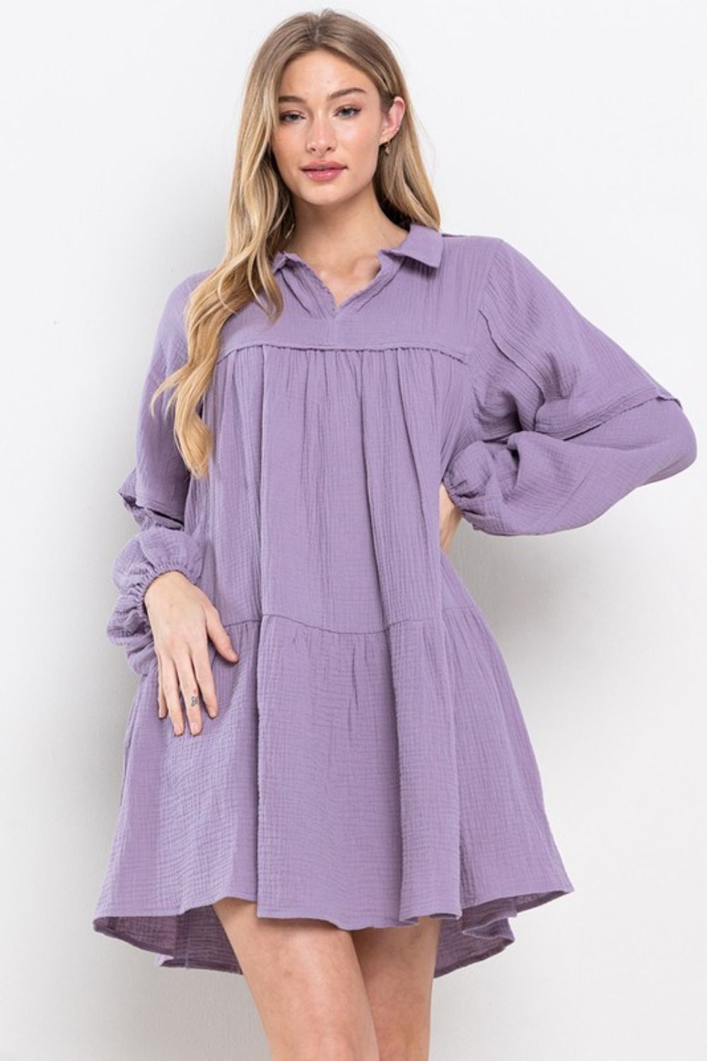 Ces Femme Johnny Collar Balloon Sleeve Mini Dress