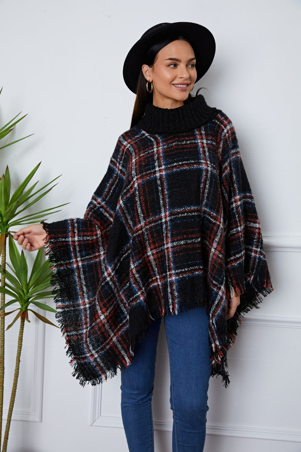 Shiny Turtleneck Plaid Raw Hem Sweater