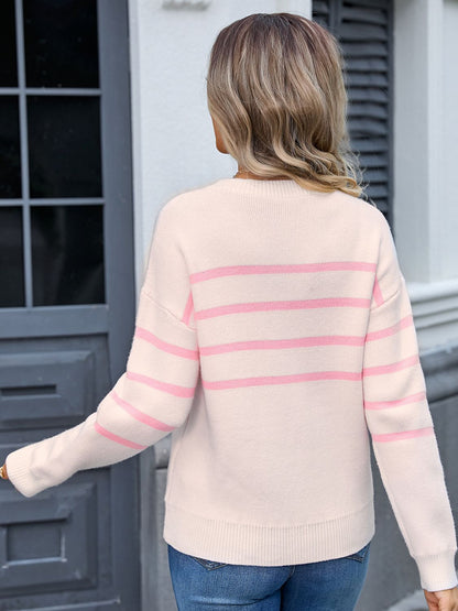 Angel Wings Striped Round Neck Long Sleeve Sweater