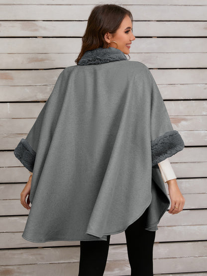 Fuzzy Trim Long Sleeve Poncho