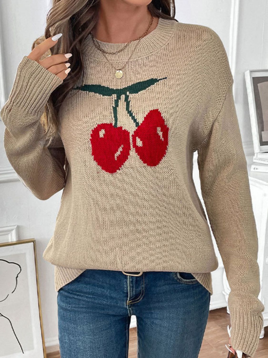 Perfee Cherry Round Neck Long Sleeve Sweater