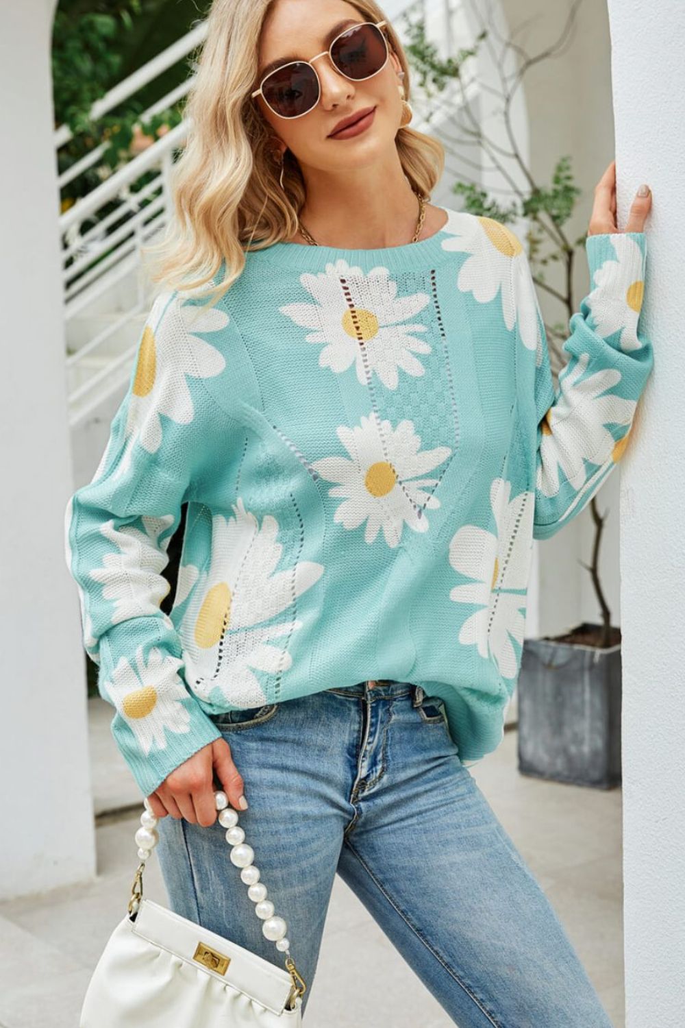 Angel Wings Daisy Print Openwork Round Neck Sweater