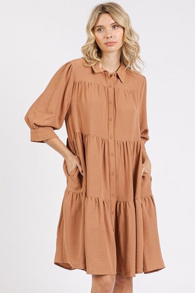 Button Detail Collared Neck Tiered Shirt Dress
