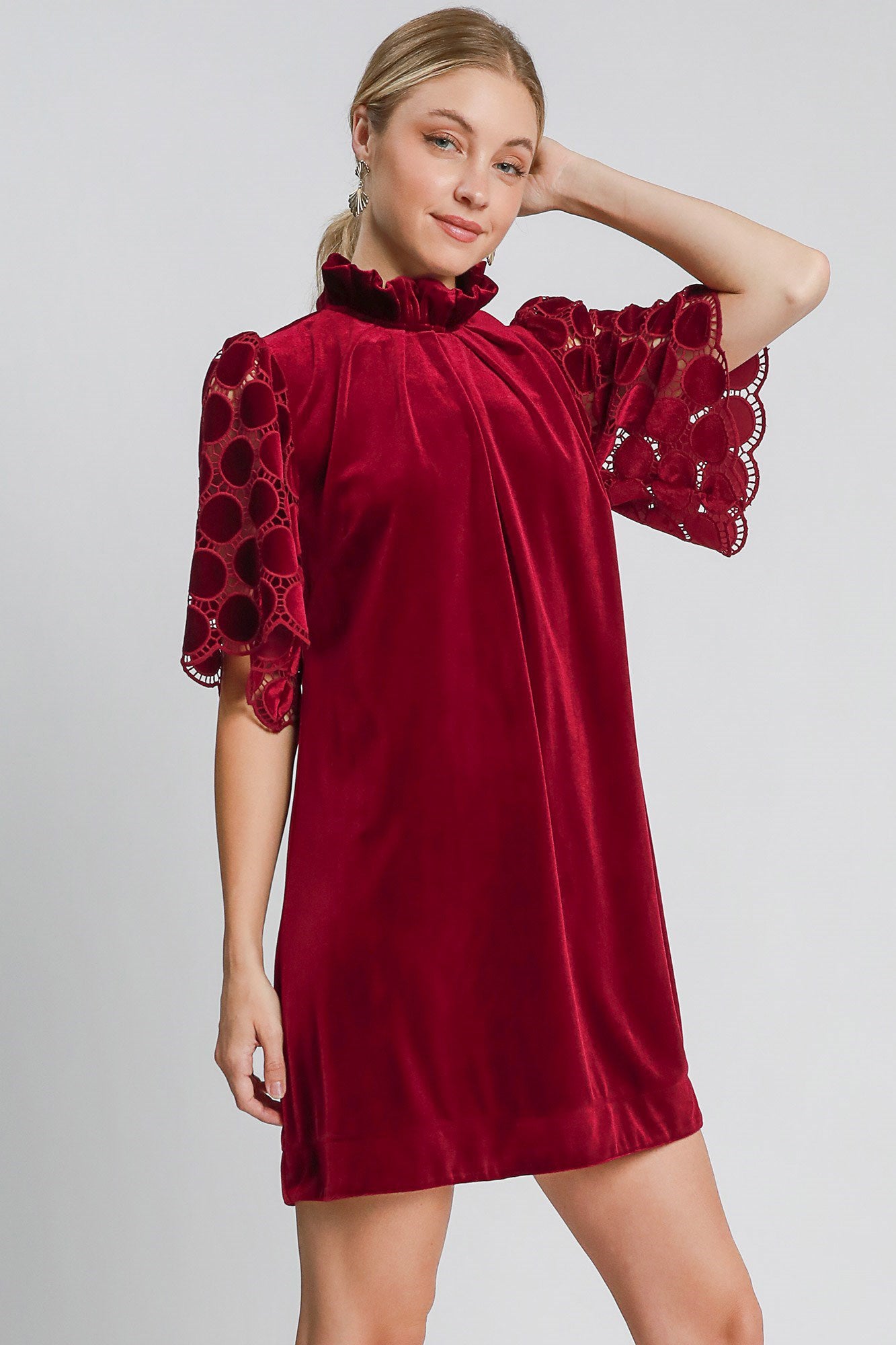 Umgee Dotted Lace Half Sleeve Mock Neck Back Tie Velvet Dress