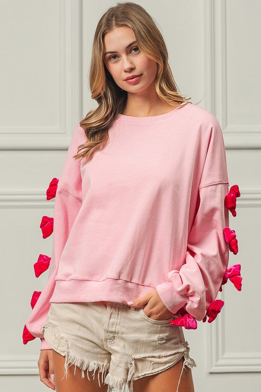 BiBi Velvet Ribbon Bows Long Sleeve Round Neck Sweatshirt