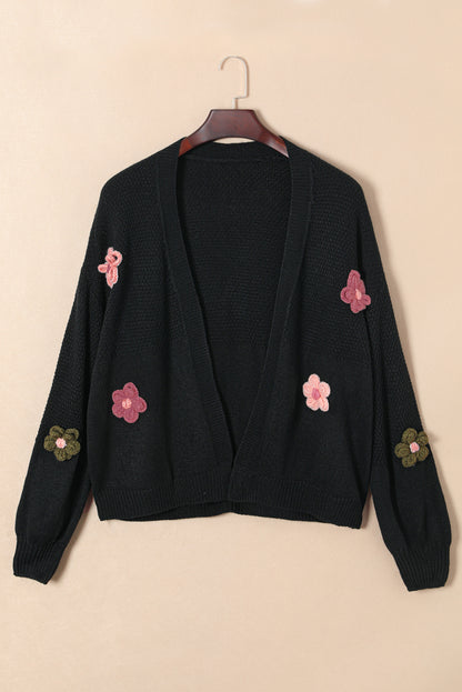 Floral Applique Drop Shoulder Open Front Cardigan