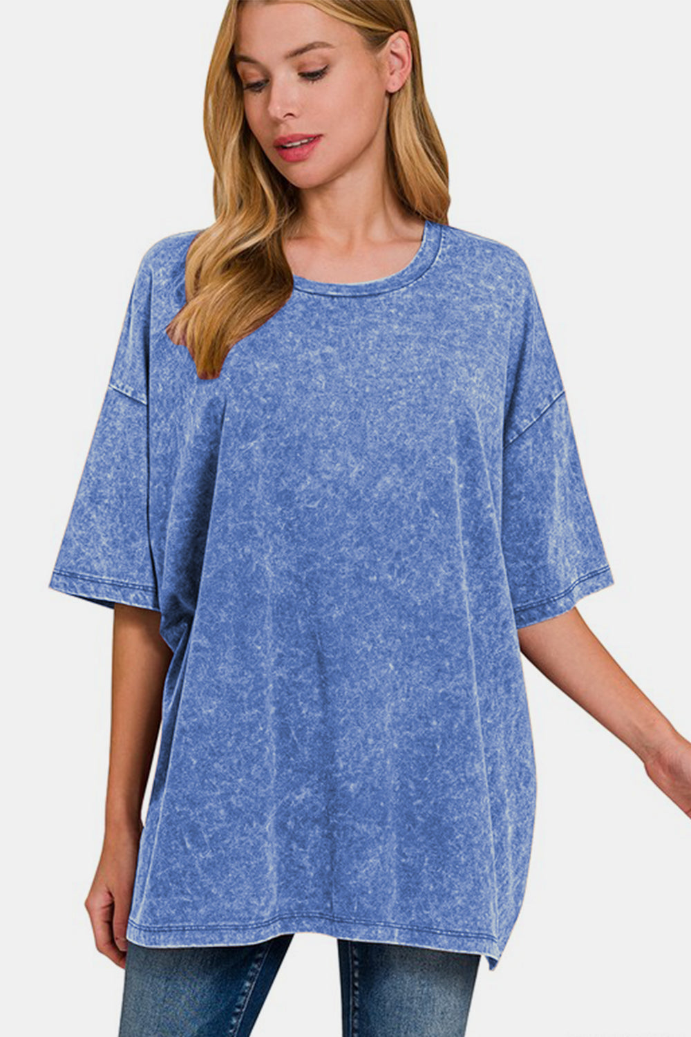 Zenana Full Size Washed Round Neck Drop Shoulder Oversized T-Shirt Blue / 1XL/2XL