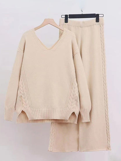 Slit V-Neck Long Sleeve Top and Pants Sweater Set