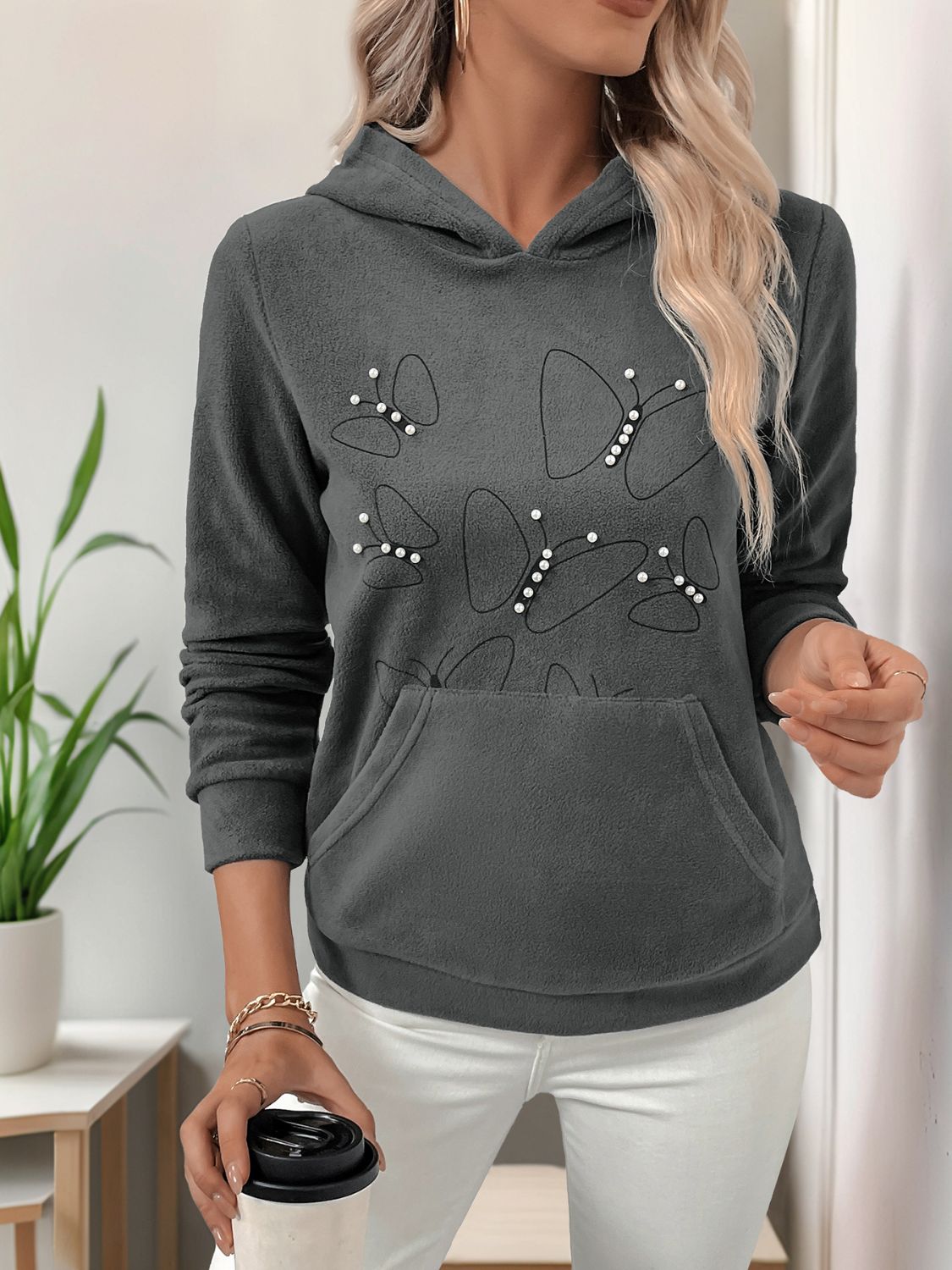 Perfee Pearl Butterfly Long Sleeve Hoodie