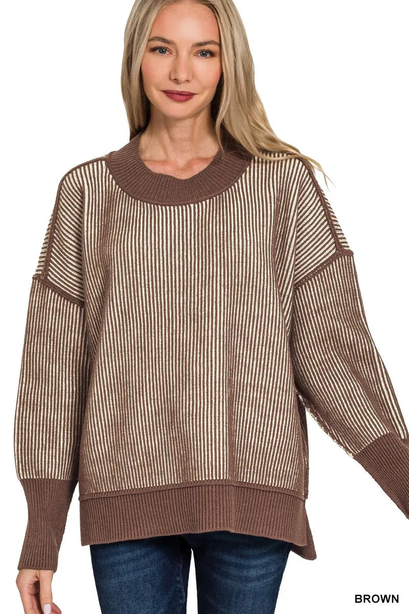 Exposed Seam Two Tone Ribbed Sweater