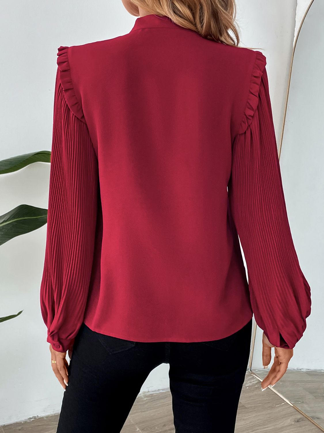 Perfee Frill Tie Neck Long Sleeve Blouse