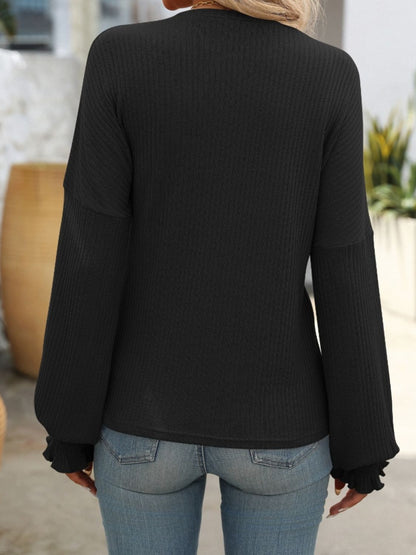 Mandy Ribbed Round Neck Long Sleeve T-Shirt