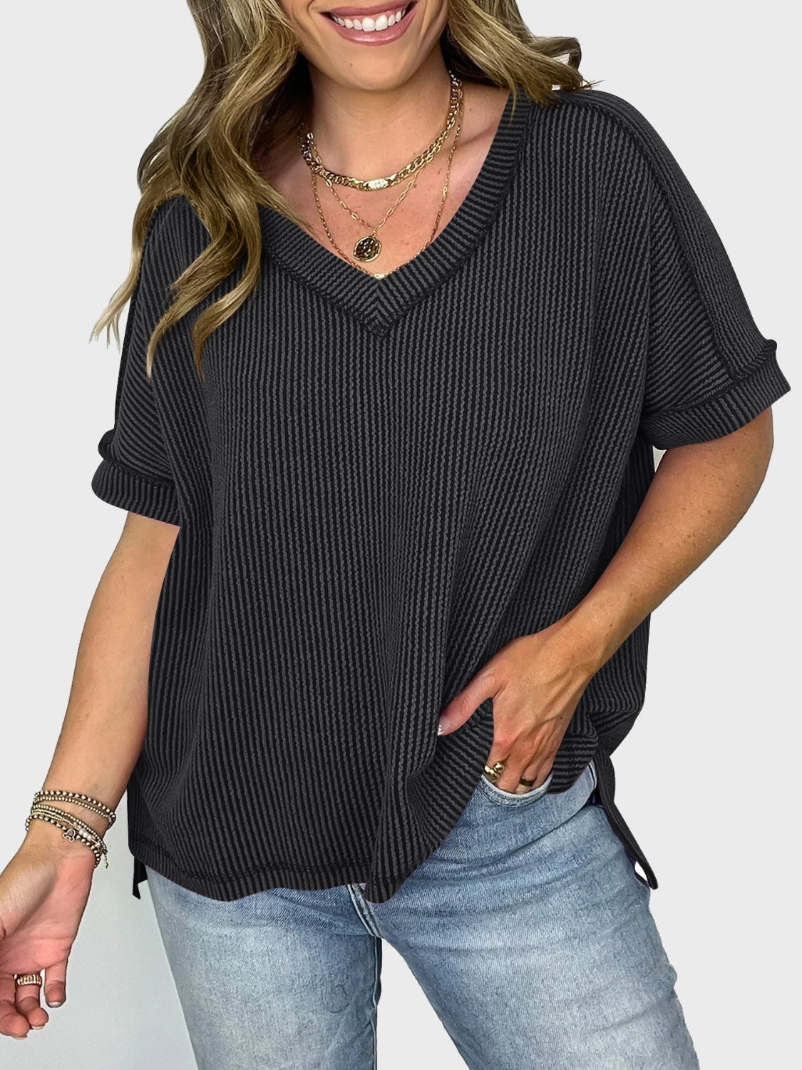 Lovelet Texture V-Neck Half Sleeve T-Shirt