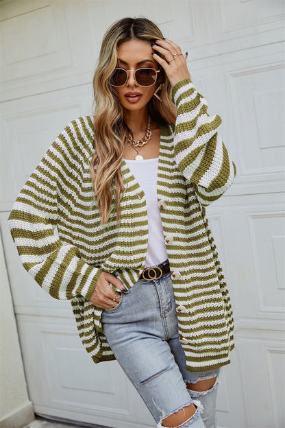 Angel Wings Striped Button Up Long Sleeve Cardigan