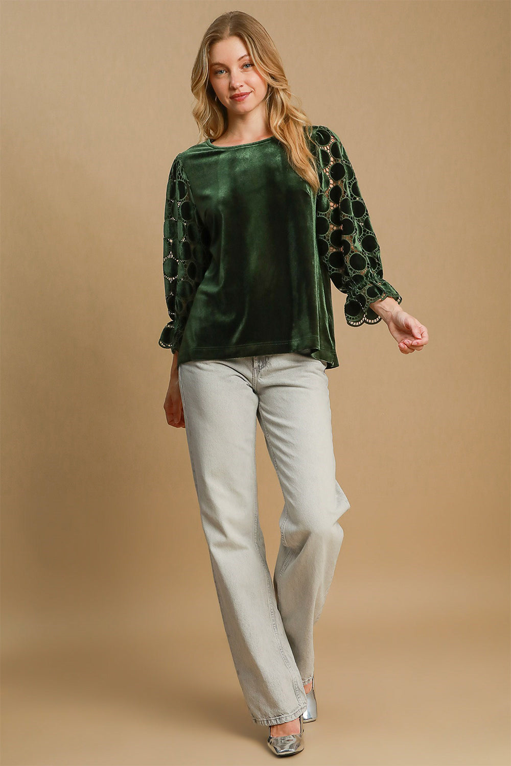 Umgee Polka Dot Lace Long Sleeve Round Neck Blouse