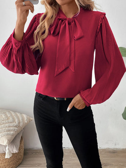 Perfee Frill Tie Neck Long Sleeve Blouse