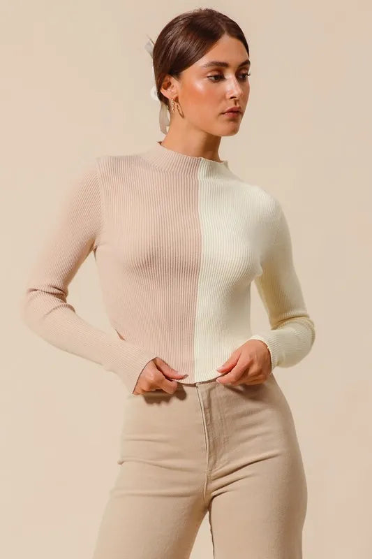 Colour Block Fitted Crop Sweater Top

