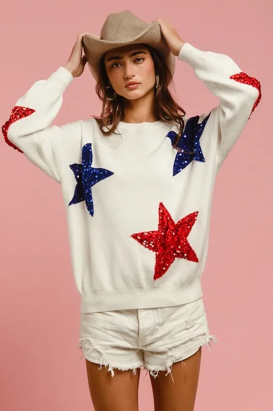 Velvet Sequin Star Patches Sweater Top
