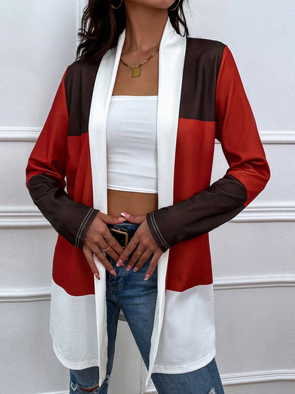 Shiny Color Block Open Front Cardigan