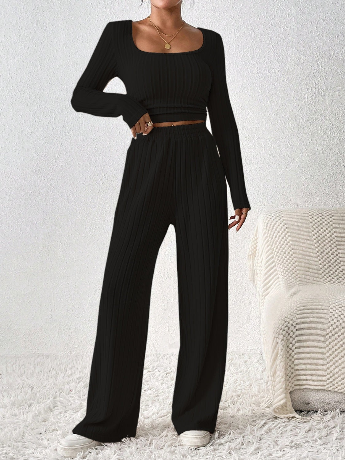 Honey Scoop Neck Long Sleeve Top and Pants Set