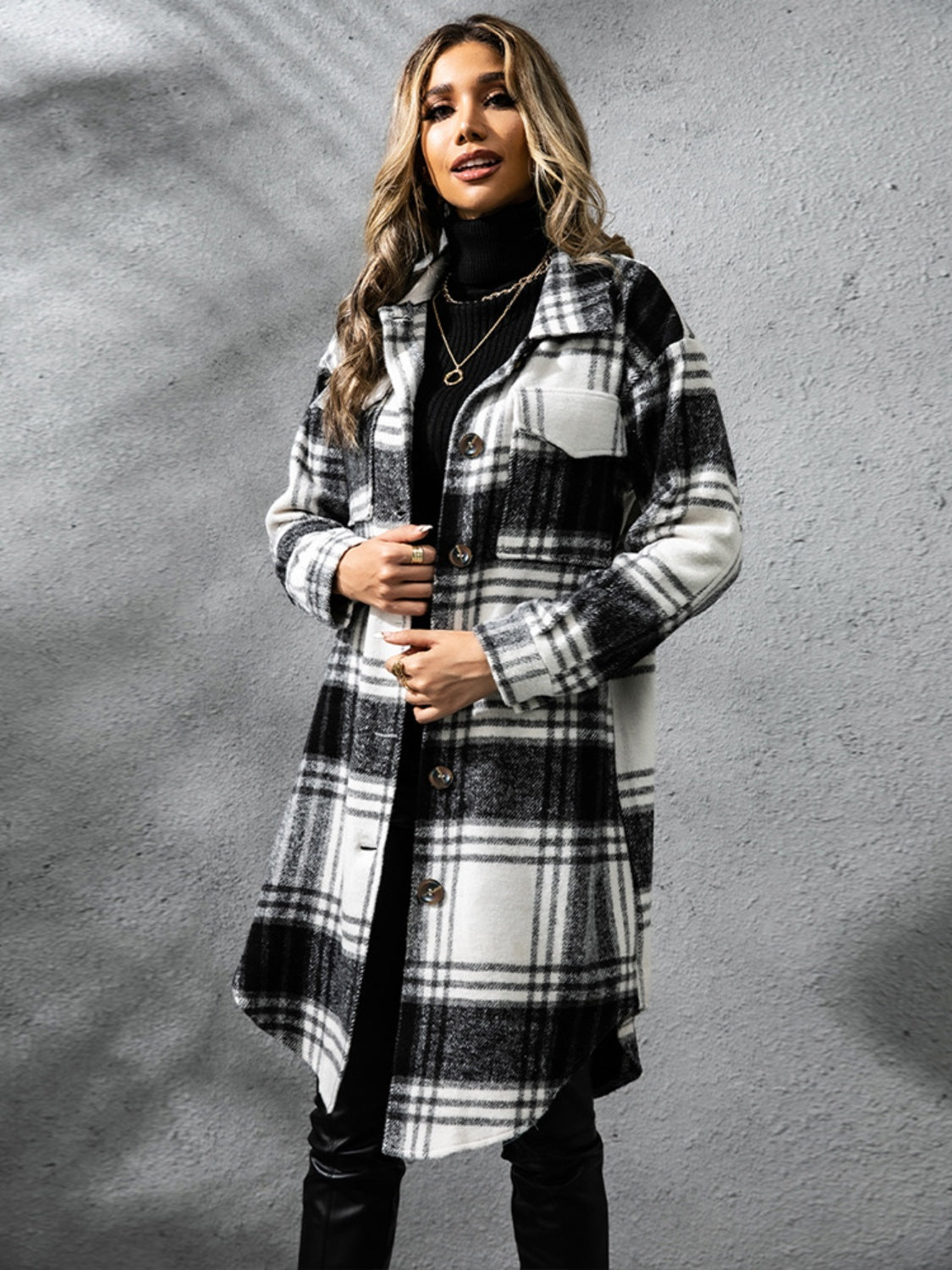 Plaid Collared Neck Long Sleeve Coat