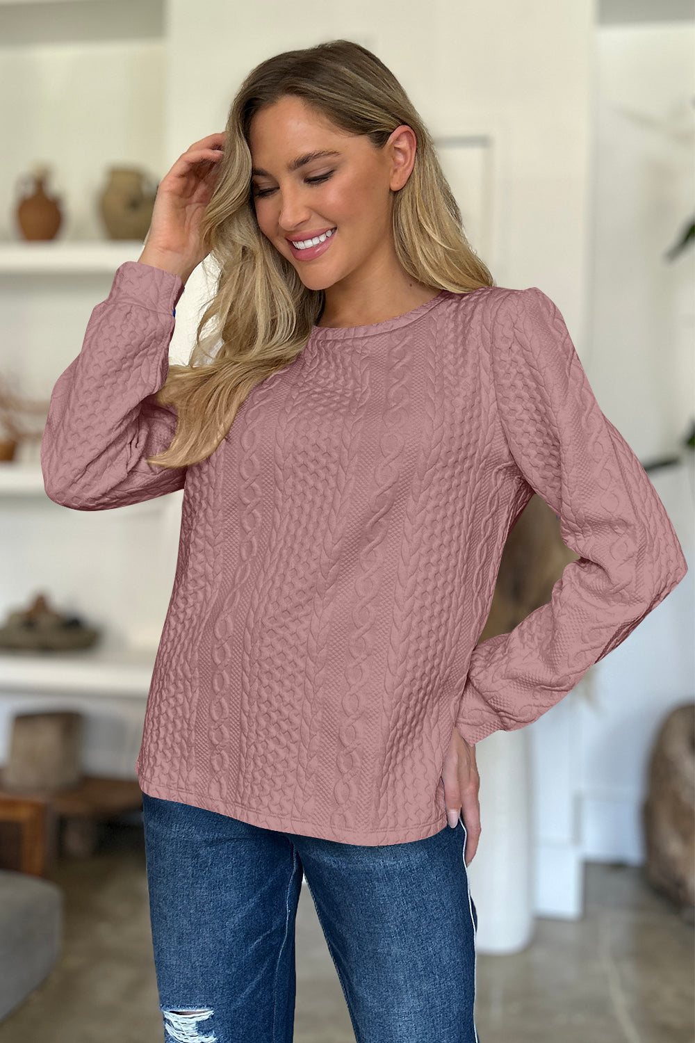 FAM-FAM Textured Round Neck Long Sleeve Sweatshirt