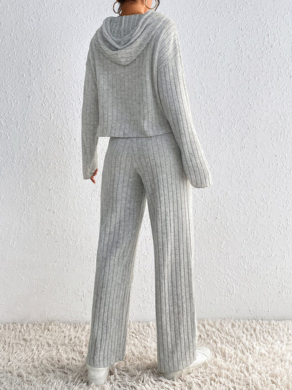 Honey Drawstring Ribbed Hoodie and Straight Leg Pants Set