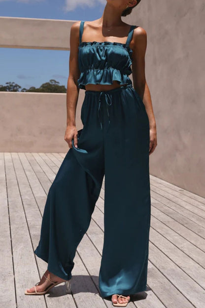 Ruffled Sleeveless Top and Wide Leg Pants Set