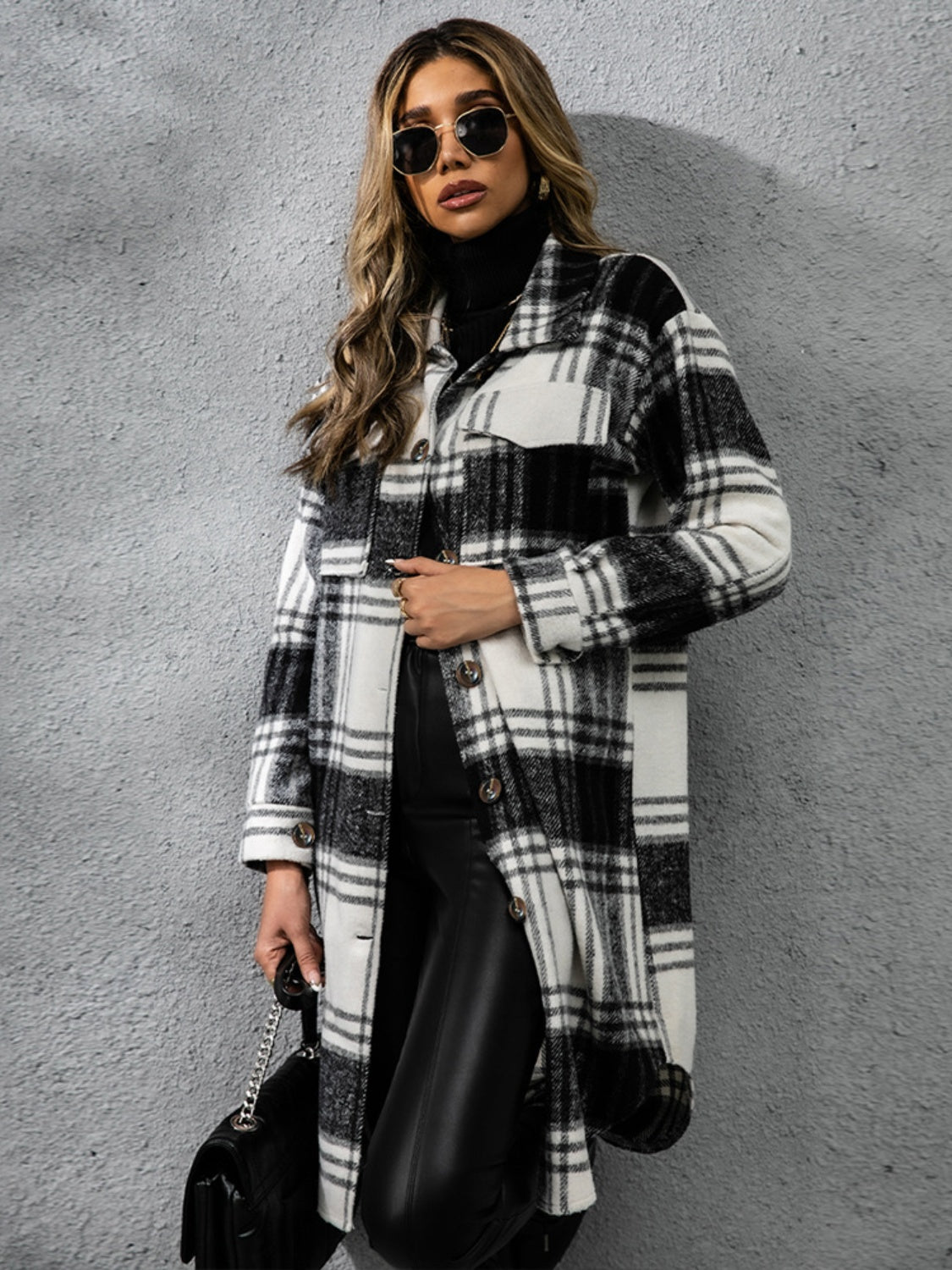 Plaid Collared Neck Long Sleeve Coat