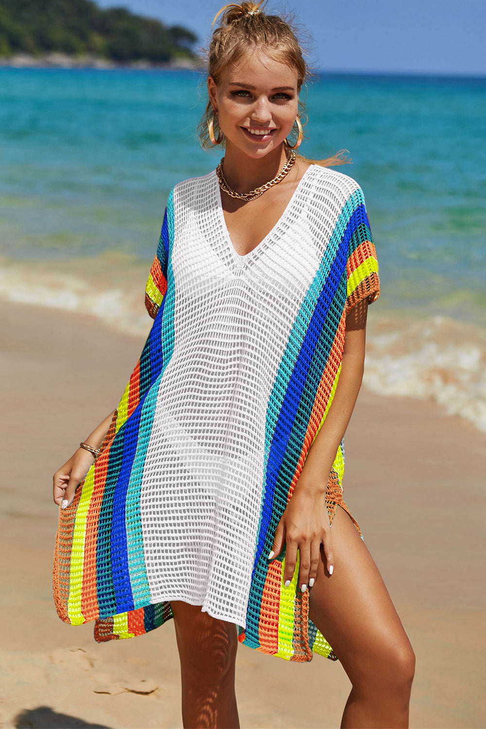 Angel Wings Openwork Striped Slit Knit Cover Up