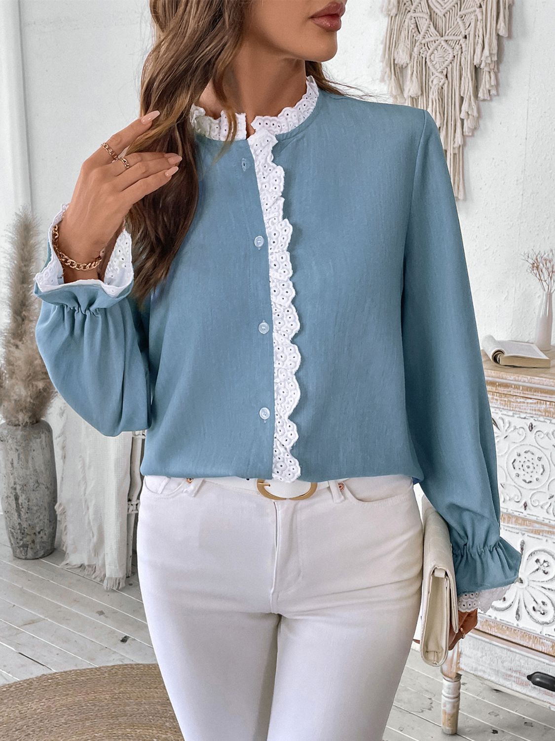 Perfee Lace Detail Button Down Long Sleeve Shirt