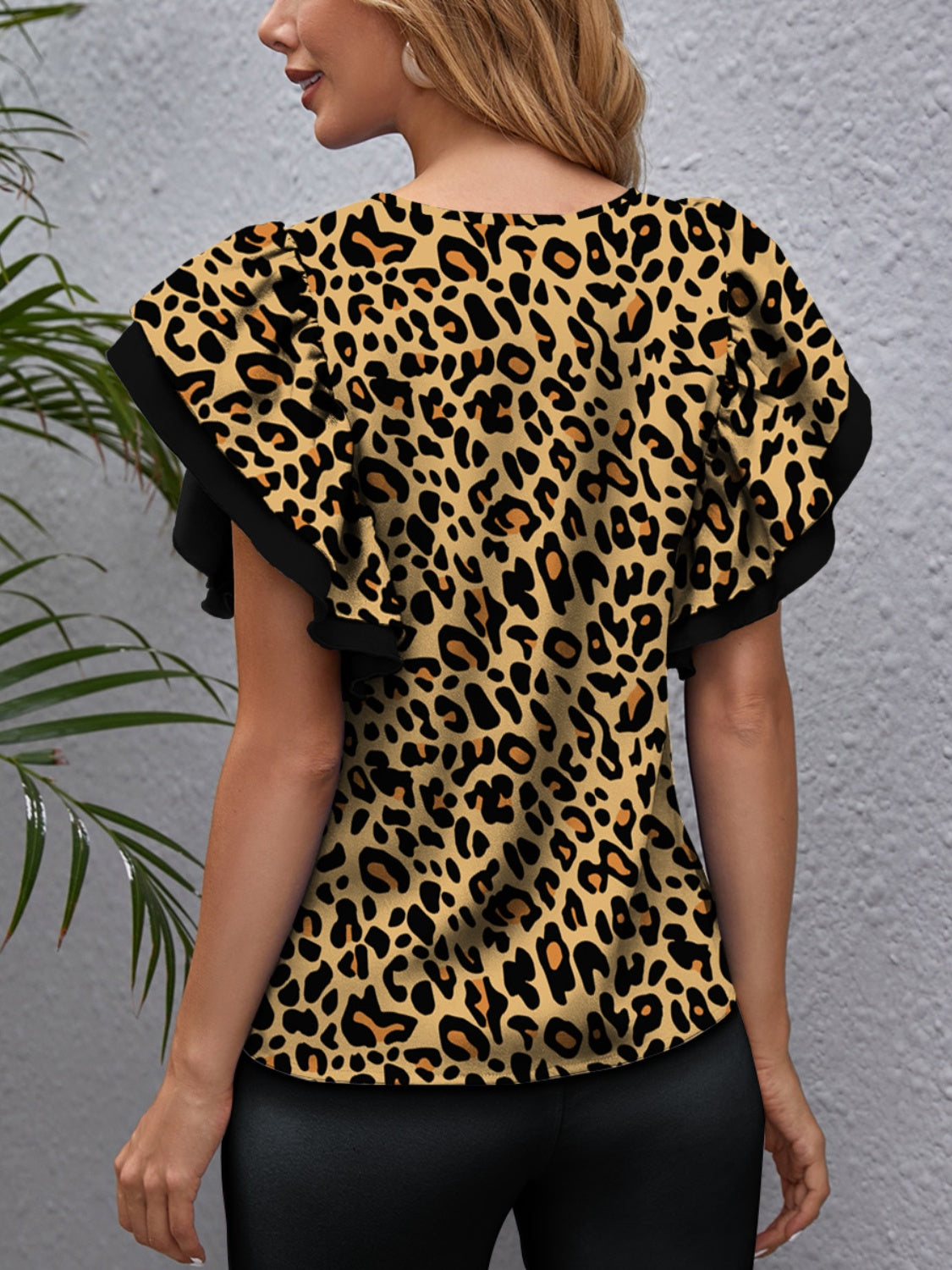 FAM-FAM Leopard Round Neck Flounce Sleeve Blouse