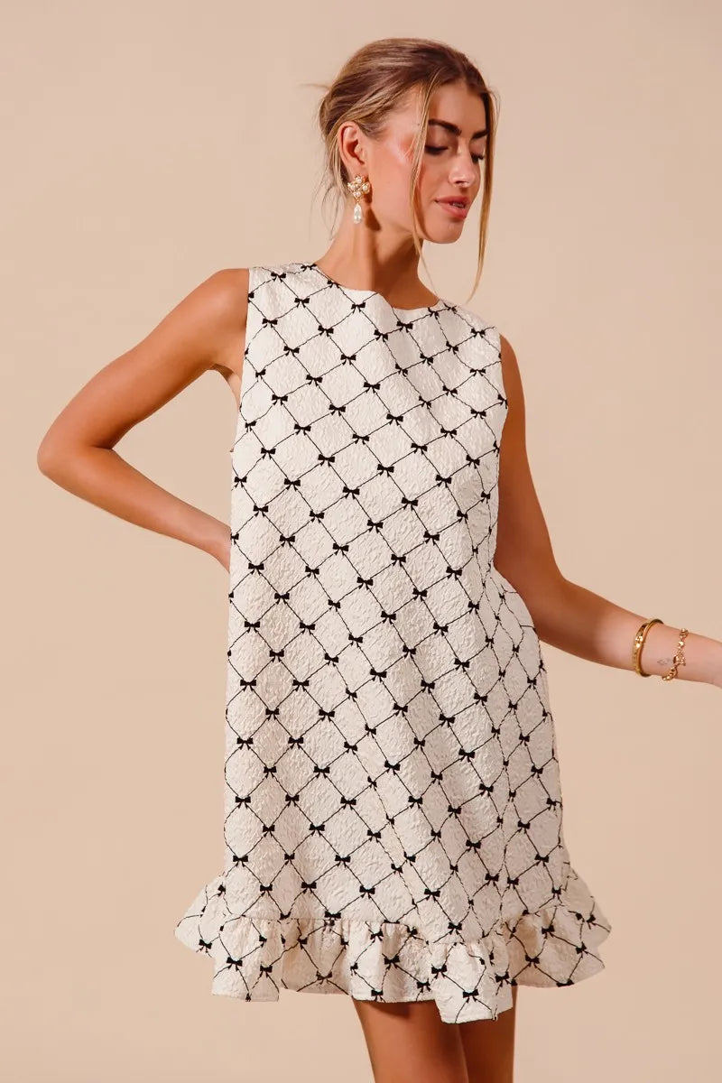 Texture Bow Printed Mini Ruffle Dress