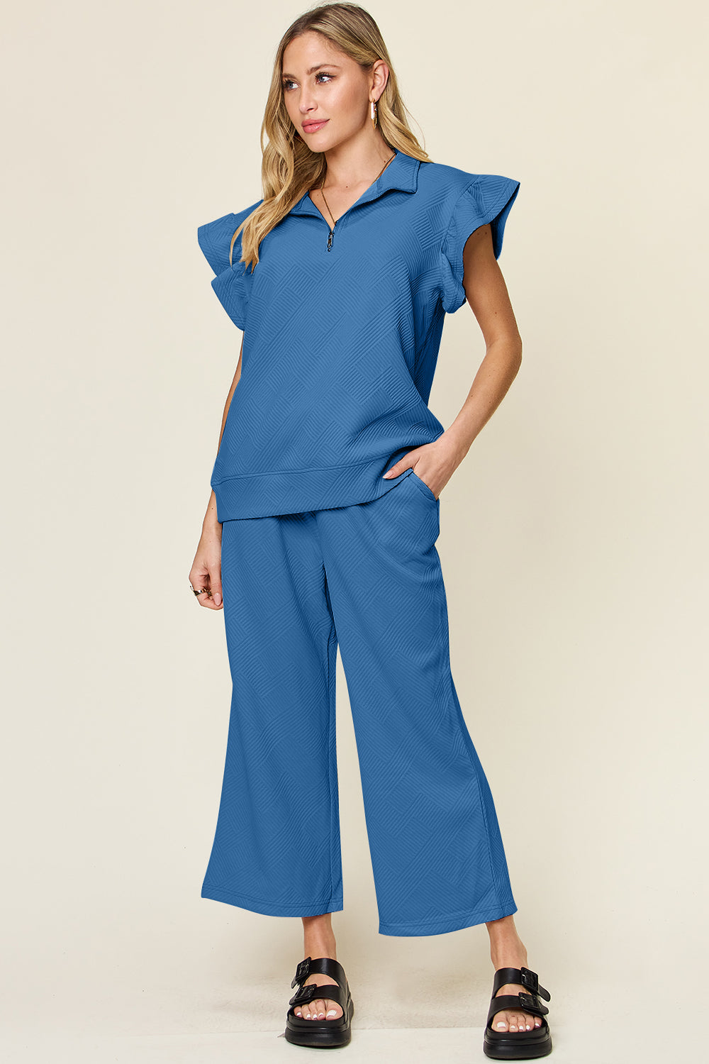 Short Sleeve Top and Drawstring Wide Leg Pants Set