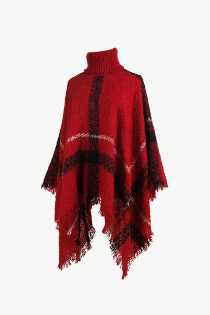 Plaid Turtleneck Raw Hem Poncho