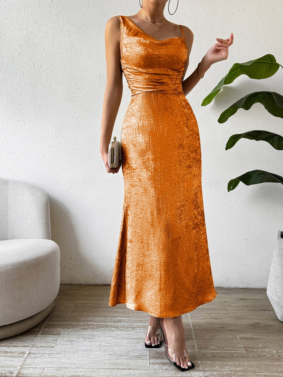 Honey Asymmetric Neck Sleeveless Midi Dress