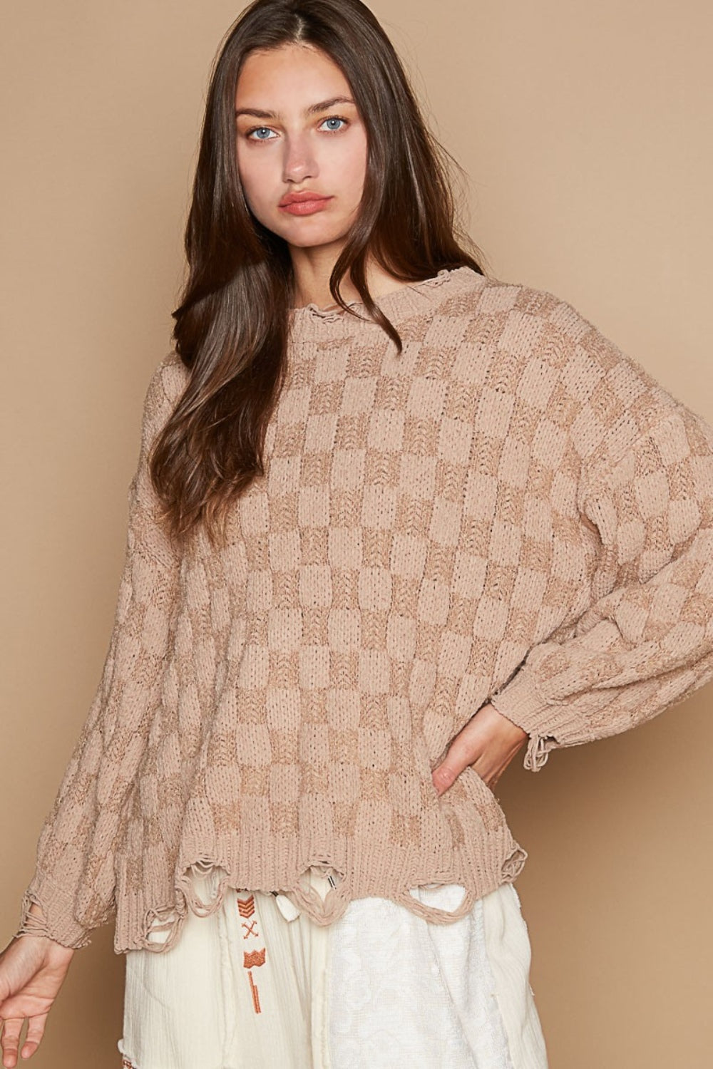 Checkered Distressed Edge Sweater In Mocha