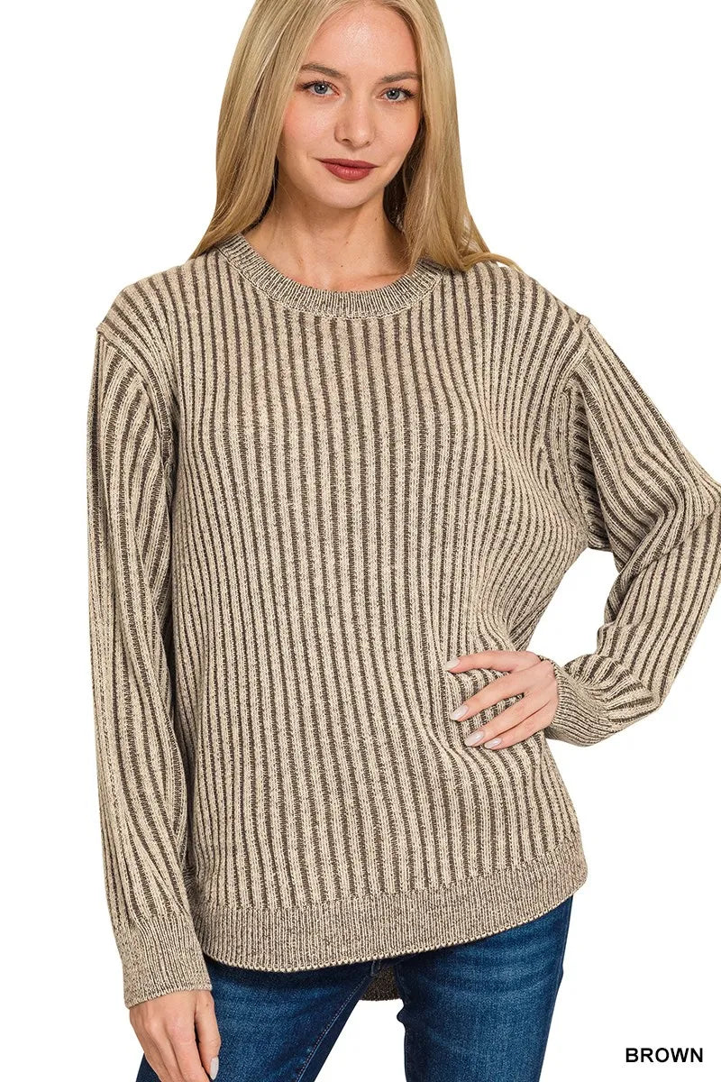 Curved Hem Two-Tone Ribbed Sweater