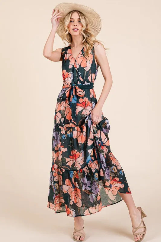 Chili Floral Print Sleeveless Tie Waist Maxi Dress