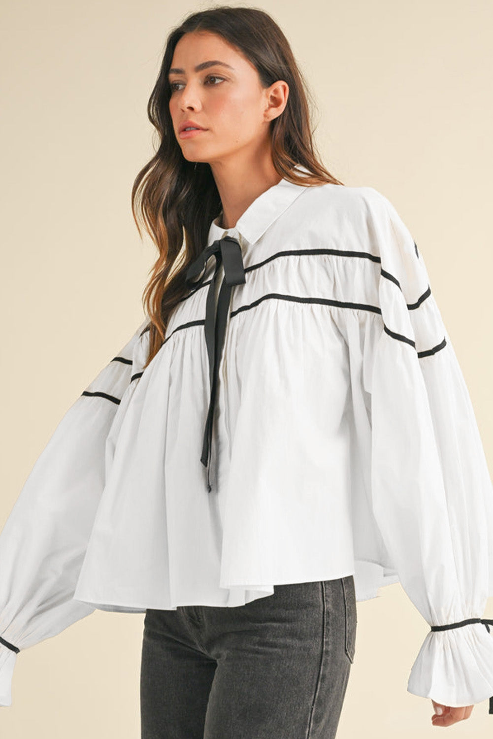 Ribbon Bowtie Collared Neck Flounce Sleeve Shirt