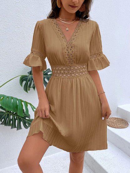 Cutout V-Neck Flounce Sleeve Mini Dress