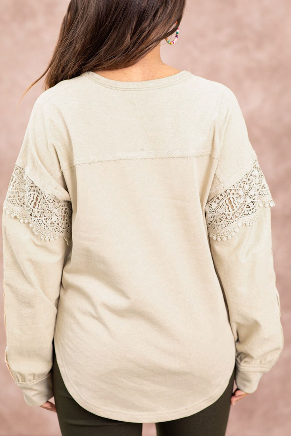 Notched Crochet Long Sleeve Sweatshirt