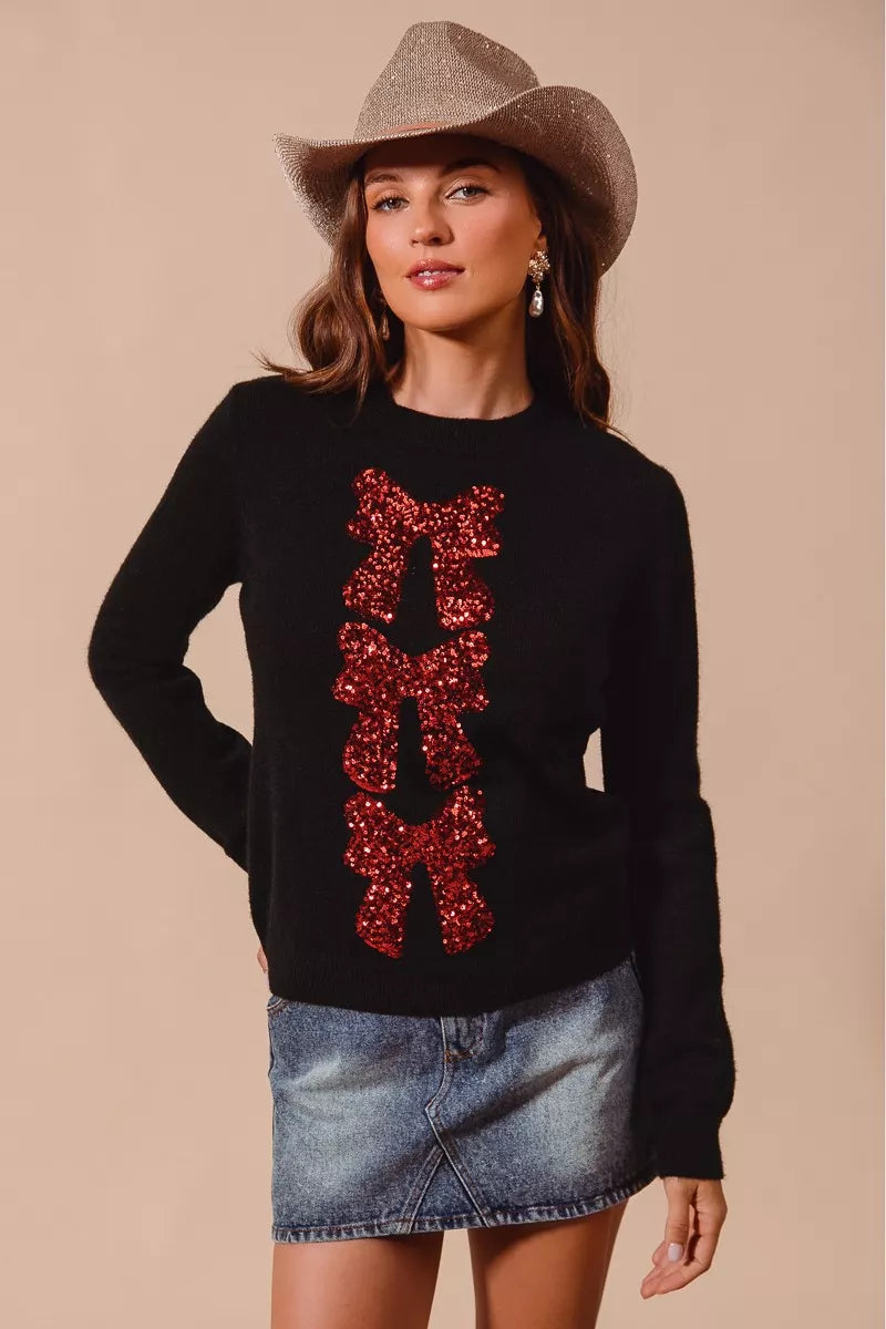 Sequins Bow Ribbon Embellished Christmas Sweater